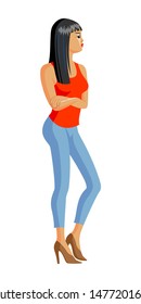 Asian girl with long black hair wearing red t-shirt, blue trousers and heeled shoes. Oriental lady standing with folded hands