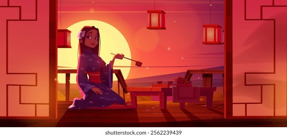 Asian girl making traditional tea ceremony. Vector cartoon illustration of pretty young woman in oriental kimono sitting on cushion, wooden table with pots and kettle, wooden patio with sunset view