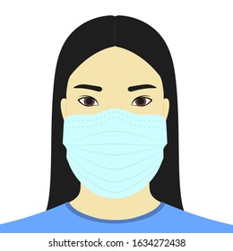 
Asian girl in medical mask isolated on white background. Vector illustration