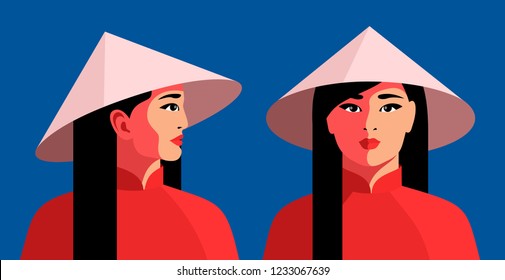 Asian girl in national conical straw hat. Two portraits, full face and profile face. Vector illustration