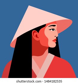 Asian girl in national conical straw hat. Female portrait, side view. Vector illustration