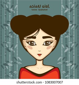 Asian girl on bamboo background vector illustration. Oriental cartoon character. Fashion portrait.