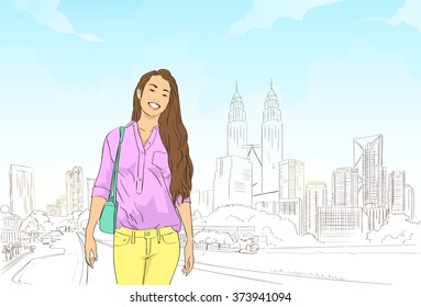 Asian Girl Over Modern City Cityscape Background Vector Illustration