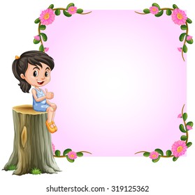 Asian girl and pink border with flowers design illustration