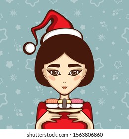 Asian girl with plate of seafood Sushi in Santa hat. Vector illustration for season decoration sushi bar. Oriental cartoon character. Template for Christmas menu design.