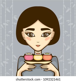 Asian girl with plate of sushi roll on bamboo background. Vector illustration for sushi bar logo and menu. Oriental cartoon character.