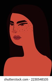 Asian girl portrait in the dark. black hair. freckles on face. flat style illustration. 