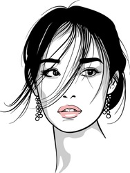 Asian Girl Portrait. Vector. Black And White Ink Style. Illustration.