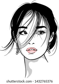 Asian girl portrait. Vector. Black and white ink style. Illustration.