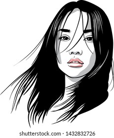 Asian girl portrait. Vector. Black and white ink style. Illustration.