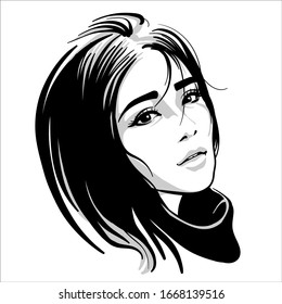 Asian girl portrait. Vector. Black and white ink style. Illustration.