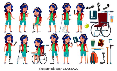 Asian Girl Poses Set Vector.  Teenage. Health Concept. Cyborg, Hybrid. Wheelchair. Amputation Prosthesis. For Web, Poster, Booklet Design. Isolated Cartoon Illustration
