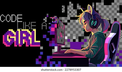 Asian girl programmer with a cat ears headset sits in front of a computer. Side view, cartoon anime style. Vector character isolated on an absctract pixel background