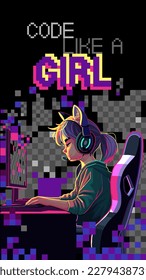 Asian girl programmer with a cat ears headset sits in front of a computer. Side view, cartoon anime style. Vector character isolated on an absctract pixel background