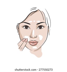 Asian girl puts on her face cream. Sketch style vector illustration. 