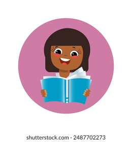Asian girl reading a bookB emblem in a circle.logo, library