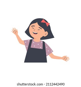 Asian Girl With Red Bow In Her Hair Wave Hello. Chinese Kid Wearing Overalls Waving Bye And Smiling, Cartoon Child Character Design For Kindergarten Or Daycare. Vector Illustration.