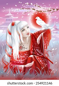 Asian girl in red kimono with a white bird in the hand. Vector illustration.