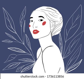 Asian girl with red lips. Line art hand drawn vector illustration. 