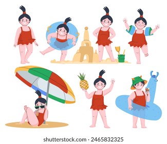 Asian girl in a red swimsuit. Set of child activities on the beach. A child in a swimsuit runs, stands, sits, jumps. Summer set on the beach. Flat vector illustration. Eps10