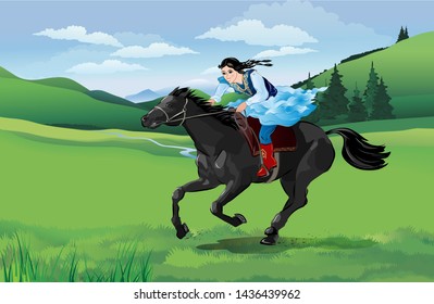 Asian girl rides a black horse through the valley and the mountains in the national holiday costume. Nauryz. Vector illustration