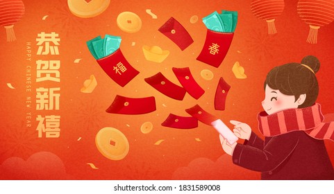 Asian girl sending lucky red envelopes through mobile payment, Translation: Happy Chinese new year, Good fortune, Spring