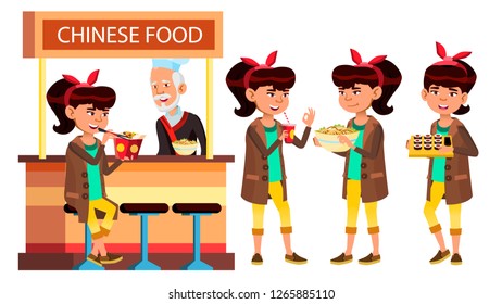 Asian Girl Set Vector. Classic Restaurant, Takeaway Food. Suchi, Rolls, Spaghetti. For Cover, Placard Design. Isolated Cartoon Illustration
