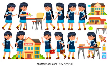 Asian Girl Set Vector. Primary School Child. Study. Smile, Activity, Beautiful. For Web, Brochure, Poster Design. Isolated Cartoon Illustration