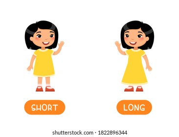 Asian girl in SHORT and LONG dresses illustration with typography. Opposites concept. Word card for english language learning with flat characters. Flashcard vector template.