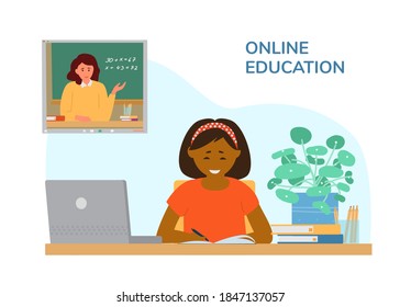 Asian Girl Sitting At Desk In Front Of Laptop Writing Learning Maths By Video Conference With Teacher. Online Or Distant Education. Geography Lesson. Study From Home. Flat Vector Illustration.