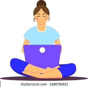 Asian girl sitting with laptop in lotus position. Young woman working on the notebook, studying, browsing internet, chatting, blogging. Online education or freelance. Stay home. Social distancing