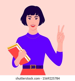 An Asian girl smiles and shows a victory sign. Happy student with books. Hand gesture. Vector flat illustration