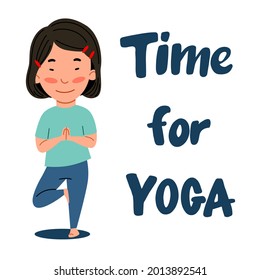 An Asian girl stands with her leg bent. The child is engaged in sports. Time for yoga.