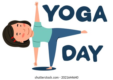 asian girl stands on one leg. The child is engaged in sports. Yoga day.