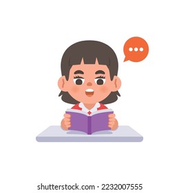 a Asian girl study reading the book on the desk, illustration cartoon character vector design on white background. kid and education concept.