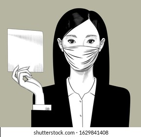 Asian girl with surgical mask on the face and holds paper sheet in her hand. Vintage engraving stylized drawing. Vector illustration