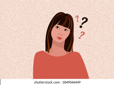 Asian Girl Thinks. Beautiful Face, Doubts, Problems, Thoughts, Emotions. A Curious Woman Questioning, Question Mark. Vector Illustration