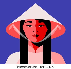 Asian girl in traditional national clothes and conical straw hat. Vector illustration