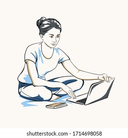 Asian girl using laptop computer at home isolated on white background. Freelance work. Creative landing web page design template. Working at home. Telecommuting. Hand drawn. 