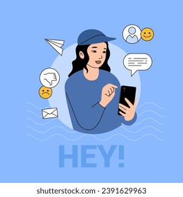 Asian girl using smartphone and texting. Smile and dislike icons around. Vector illustration isolated on blue background.