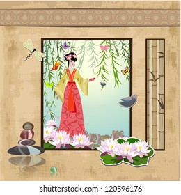 Asian girl with vintage patterns
