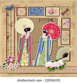 Asian girl with vintage patterns