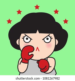 Asian Girl Wearing Boxing Gloves With Fierce Moody Expression In Isolated Green Background Concept Card Character illustration