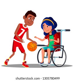 Asian Girl In Wheelchair With Afro American Boy Playing Basketball Together Vector. Isolated Illustration