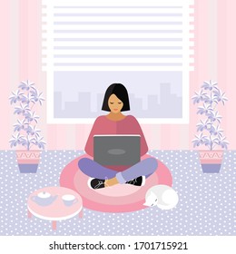 an Asian girl works at home on a laptop. interior of the room in pink colors. indoor plants, a cat and a table with drinks. the flat pattern. stock vector illustration. EPS 10.