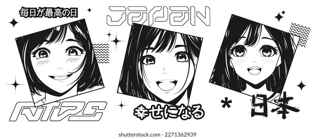 Asian girls in anime style and Y2k elements and stylish lettering. Manga graphic set. Cartoon anime girls. Vector set. Japanese lettering translation - Every day is the best day, be happy, japan