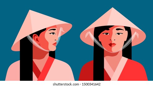 Asian girls in national clothes and conical straw hats. Two portraits, front and side views. Vector illustration