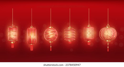 Linternas asiáticas brillantes. Lámpara china de 3d con efecto de luces, linterna de seda roja o papel en la cultura tradicional china festival japón, decoración oriental de chinatown ilustración vectorial de la lámpara china de festival