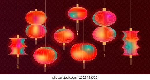 Asian glowing lanterns set. 3d Chinese lamp with lights effect, red and green silk or paper lantern on tradition culture china japan festival, Chinatown oriental decor. eps10 vector illustration