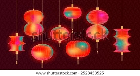 Asian glowing lanterns set. 3d Chinese lamp with lights effect, red and green silk or paper lantern on tradition culture china japan festival, Chinatown oriental decor. eps10 vector illustration